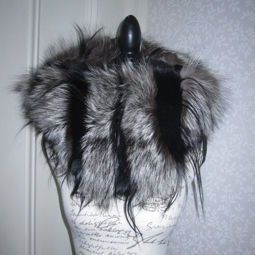 Armani Collezioni black & gray stripe real fur cowl / scarf